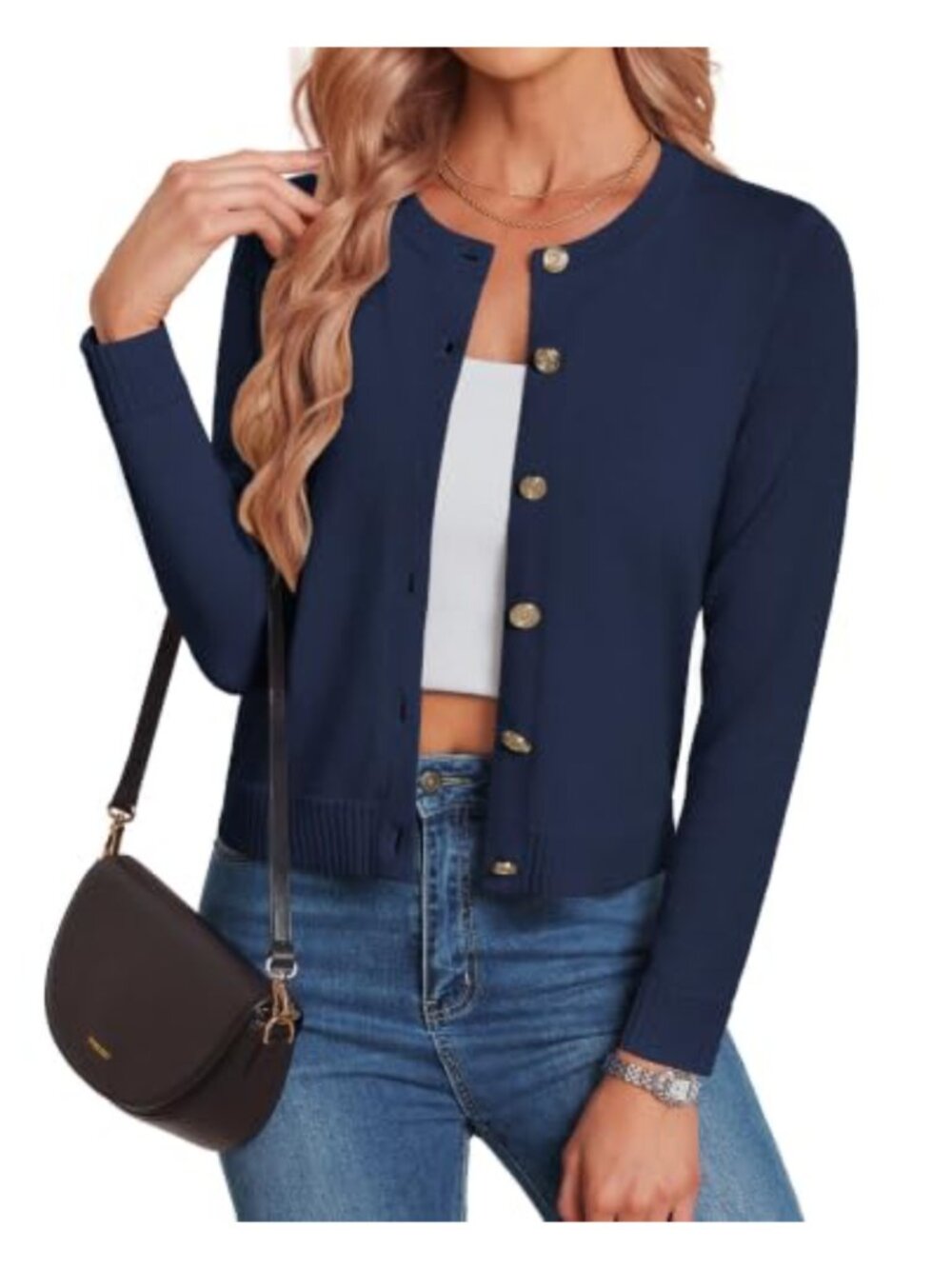 Cropped Wool Blend Knit Cardigan Button Up Long Sleeve